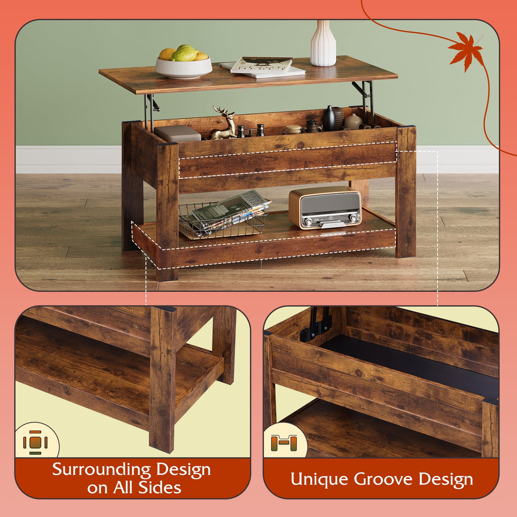 GALAXHERO 39" Lift Top Coffee Table with Hidden Storage and Storage Shelf Lift Up Coffee Table for Living Room