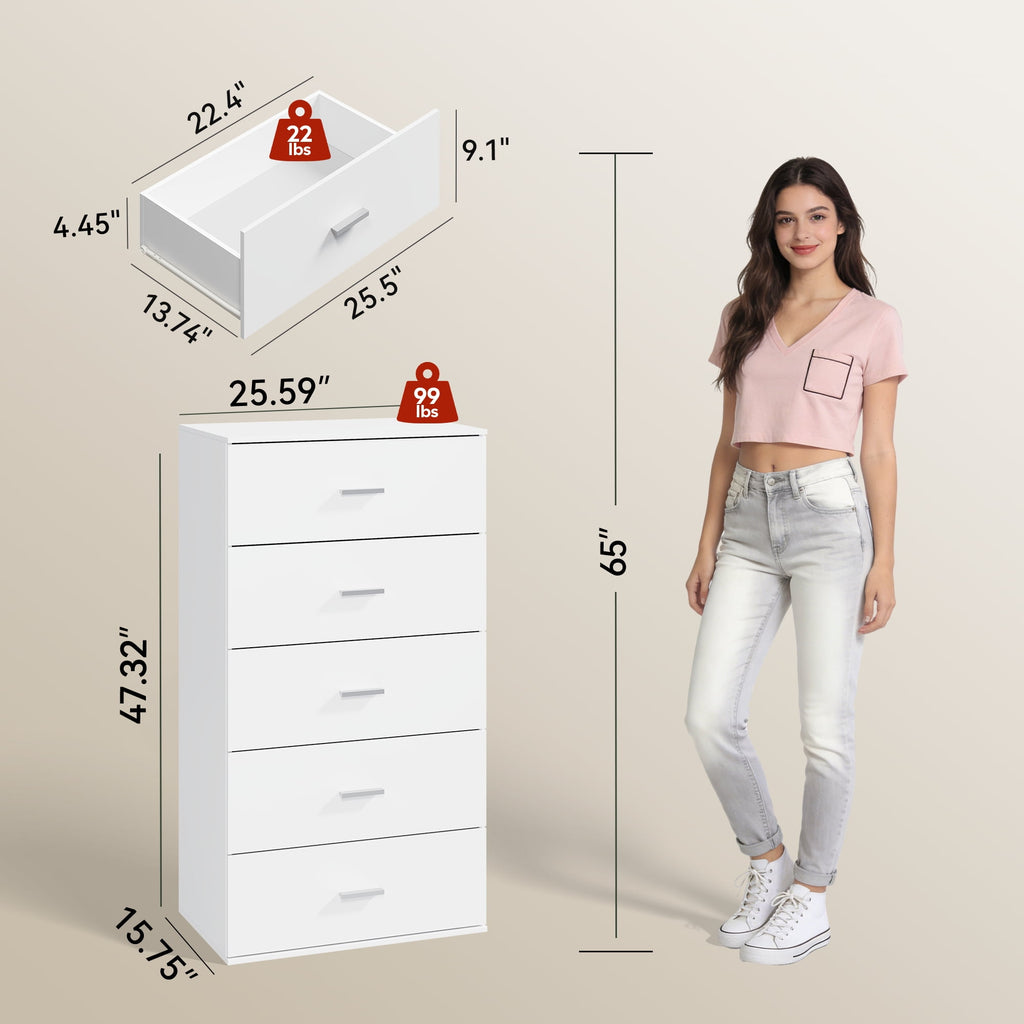 GALAXHERO 5 Drawers Dresser, Chest of Drawers for Bedroom, Tall Wood Storage Cabinet with Metal Handle for Living Room, Closet, Hallway