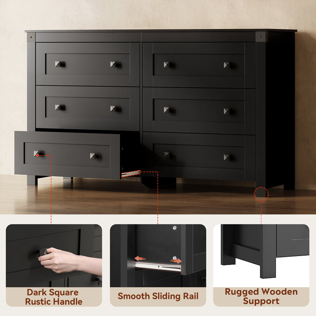 GALAXHERO Farmhouse 6 Drawer Dresser, Wood Dresser with Double Rustic Handles, TV Stand for 60" TV for Living Room, 53.07'' Wide Chest of Drawers for Bedroom, Hallway