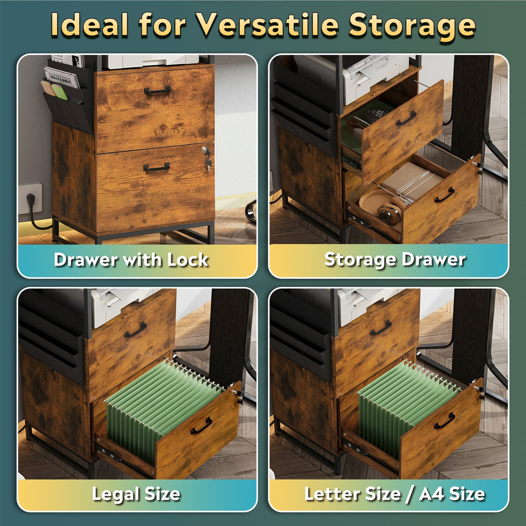 GALAXHERO 2 Drawer File Cabinet with Charging Station, Tall Vertical Filling Cabinet with Lock, Fits Letter/A4/Legal Size, Printer Stand & Adjustable Shelves for Home Office