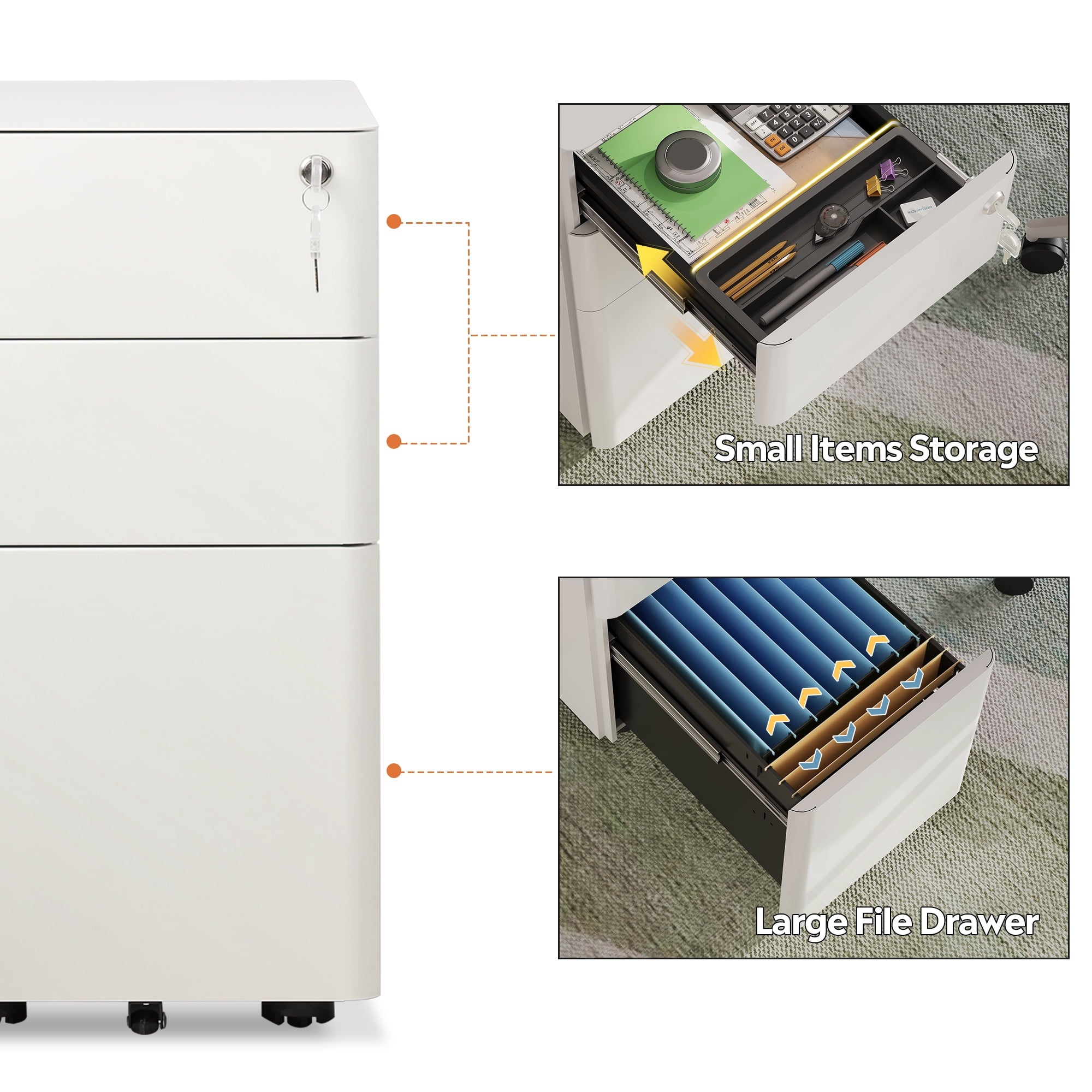 GALAXHERO 3 Drawer Metal File Cabinet with Lock, Vertical Rolling Filing Cabinet for Home Office, Fits A4/Letter/Legal