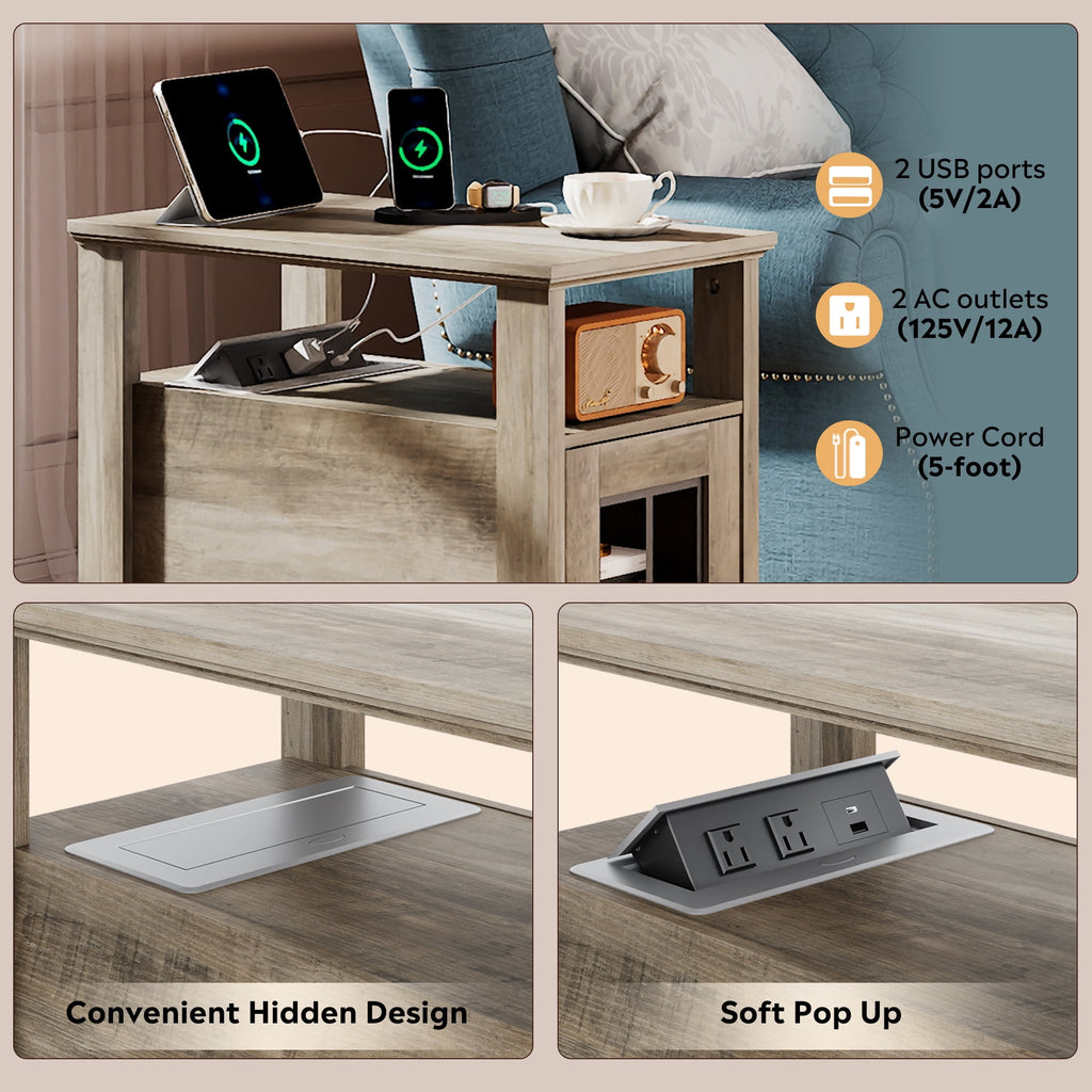 GALAXHERO Farmhouse End Table with Storage Narrow Side Table for Living Room  Small Table with USB Ports and Outlets for Bedroom