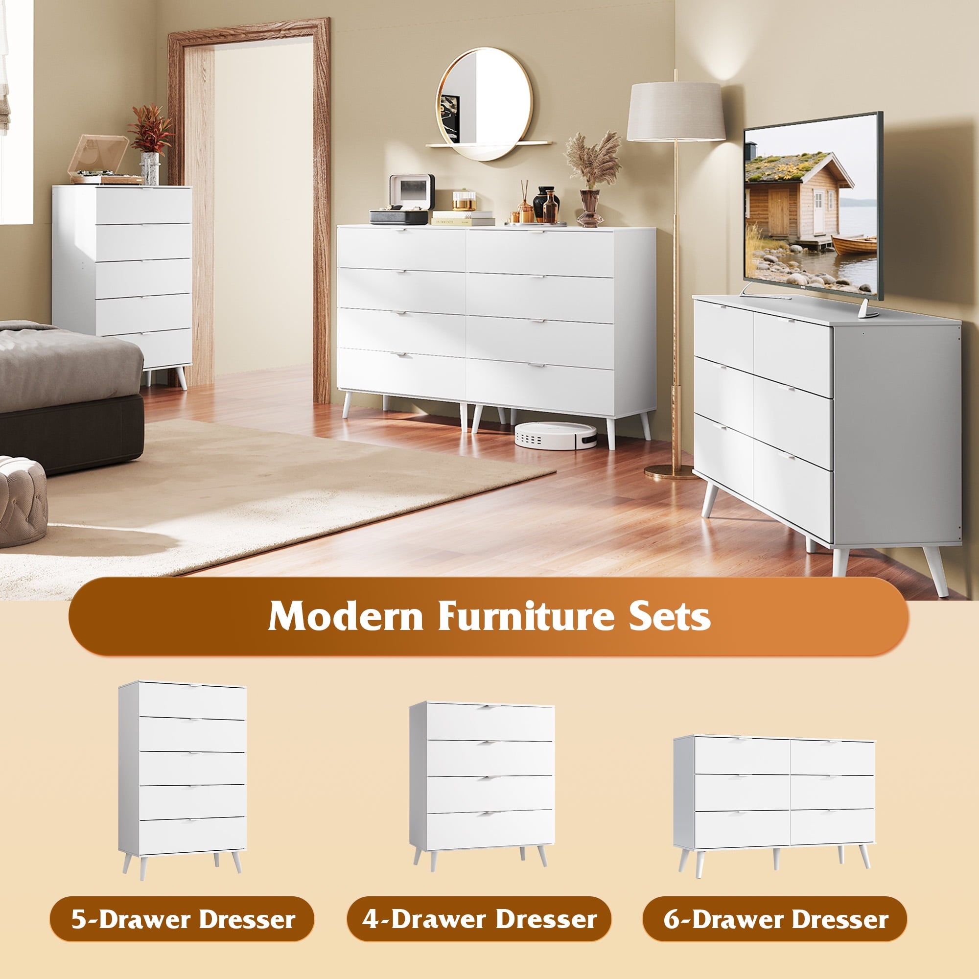 GALAXHERO 6 Drawer Wood Dresser, 47.2" Wide Chest of Drawer with Metal Handles, TV Stand for 55" TV, Double Dresser for Bedroom, Living Room, Hallway, Closet