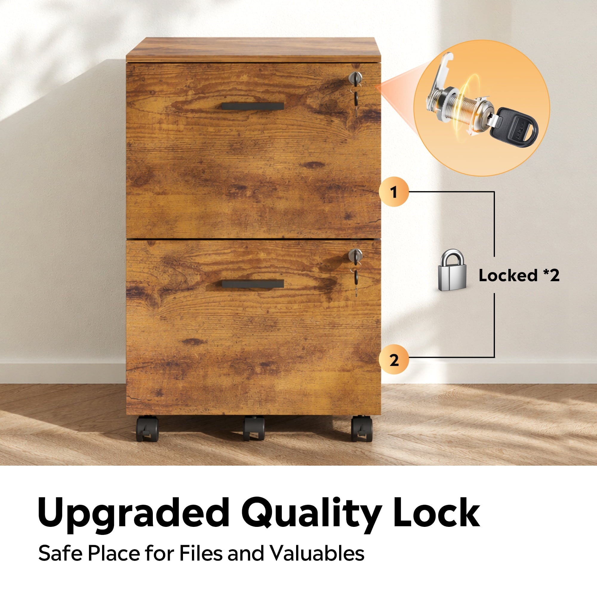 GALAXHERO 2 Drawer Filing Cabinet with Lock, Wooden Printer Stand with Storage for Home Office, Mobile Locking File Cabinet Fits Letter/A4 Hanging Files
