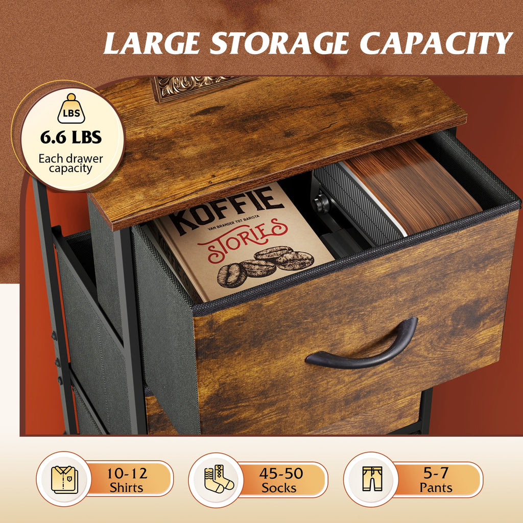 GALAXHERO 5-Drawer Tall Fabric Dresser with Wood Top, Storage Organizer Chest for Bedroom, Closet, Hallway, Sturdy Steel Frame, Rustic Brown Wood Grain Print