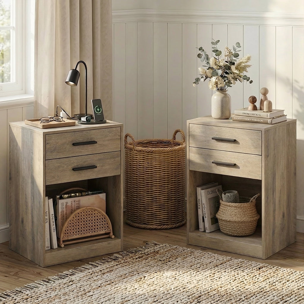 GALAXHERO Nightstand Set of 2 with Charging Station and 2 Drawers, Wood Bedside Table End Table with Open Shelf for Bedroom, Living Room
