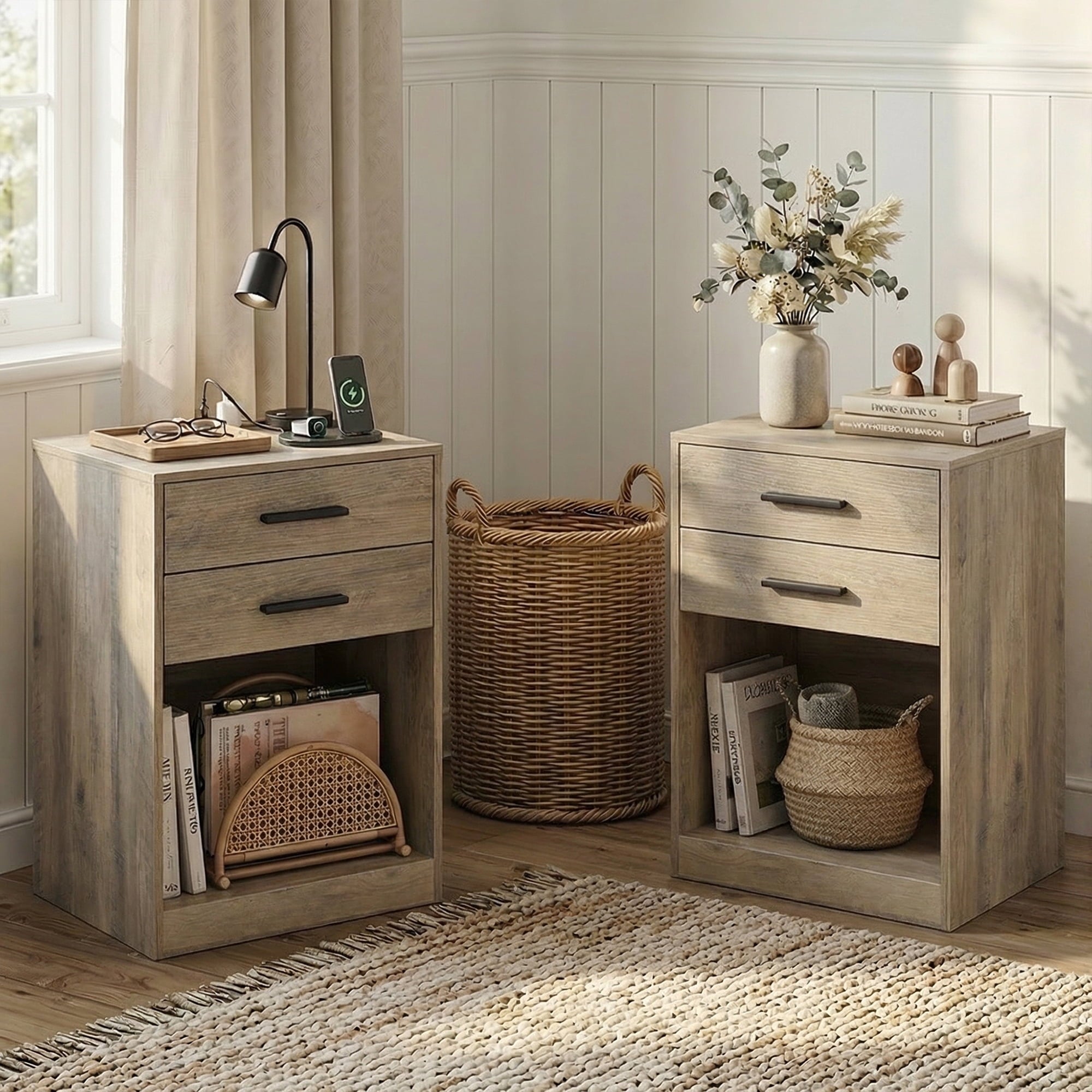 GALAXHERO Nightstand Set of 2 with Charging Station and 2 Drawers, Wood Bedside Table End Table with Open Shelf for Bedroom, Living Room