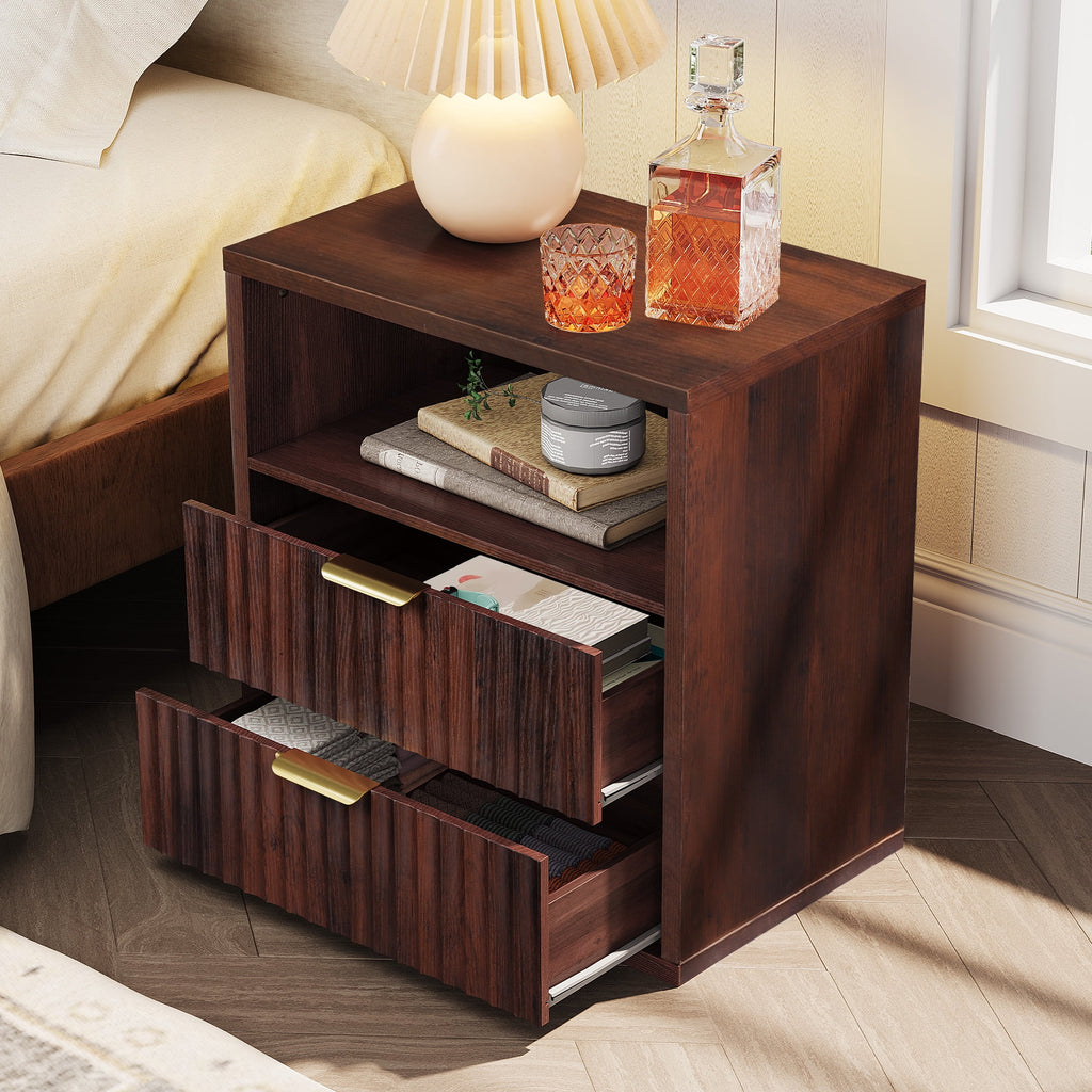 GALAXHERO 2 Drawer Nightstands Set of 2, Wood Fluted End Table with Open Shelf, Mid Century Modern Bedside Tables for Bedroom, Living Room, Espresso