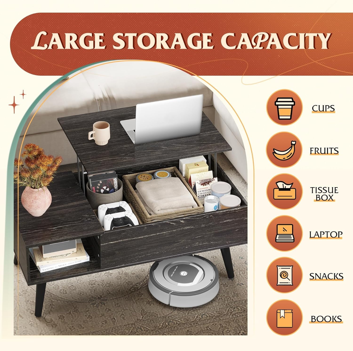GALAXHERO Lift Top Coffee Table with Storage Small Living Room Table with Storage Shelf & Hidden Compartment