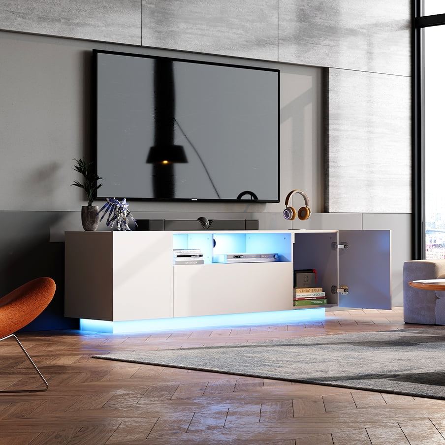 GALAXHERO TV Stand for 50-65 Inch TVs, 65" Entertainment Center with LED Lights, Modern TV Console with Storage Cabinet for Living Room & Bedroom, White