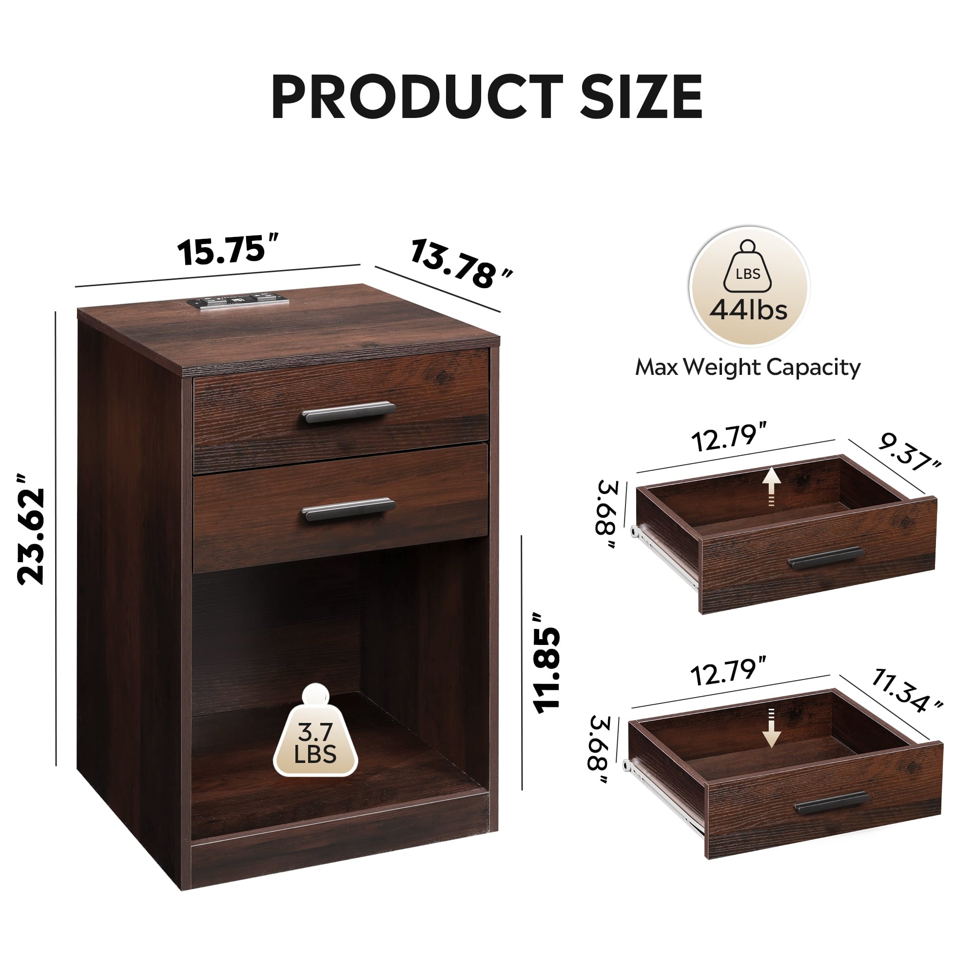 GALAXHERO Nightstand Set of 2 with Charging Station and 2 Drawers, Wood Bedside Table End Table with Open Shelf for Bedroom, Living Room