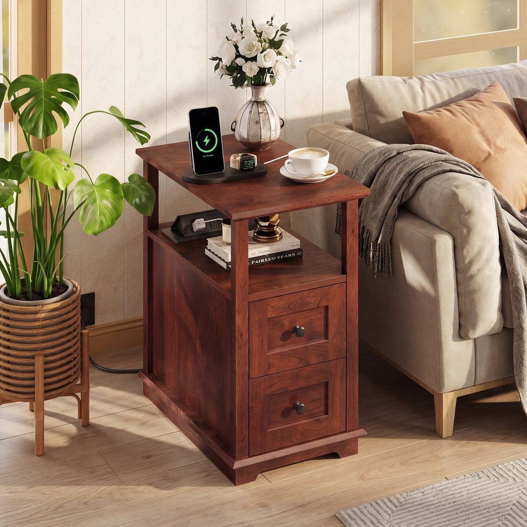GALAXHERO Narrow End Table with Charging Station Wooden Side Table with 2 Drawers for Living Room, Bedroom, Small Space