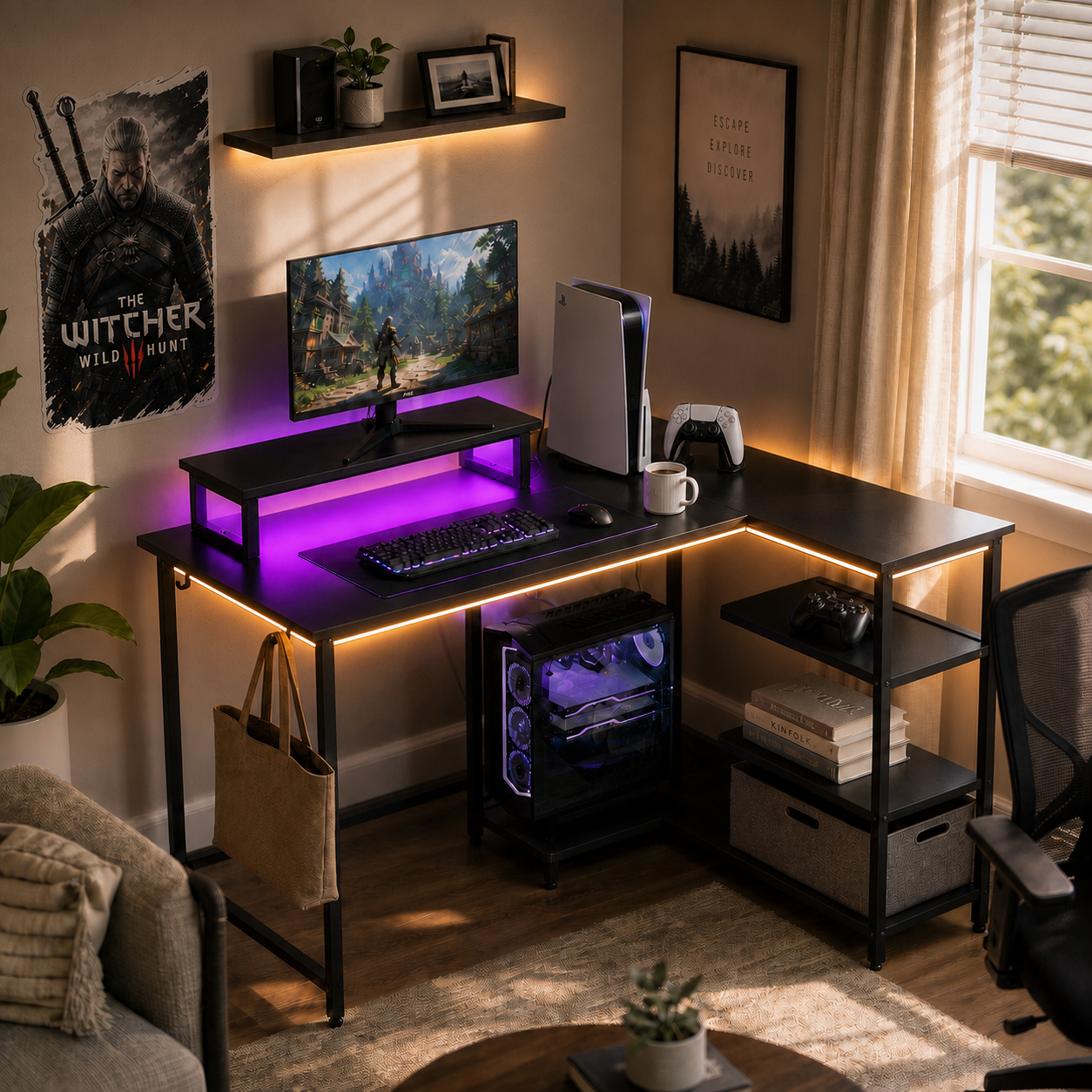GALAXHERO 43 Inch L Shaped Gaming Desk with LED Lights & Power Outlets, Corner Computer Desk with Storage for Small Spaces, Sturdy PC Table for Home Office, Rustic Brown