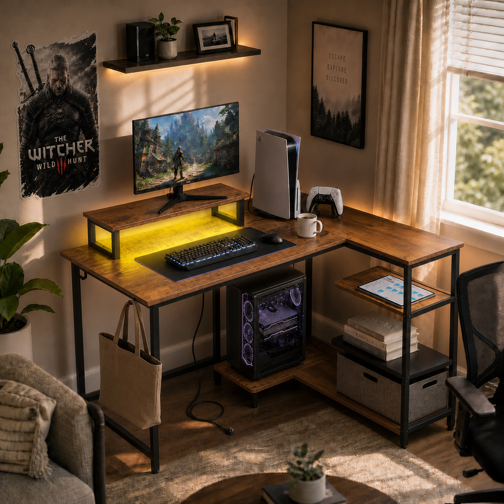 GALAXHERO 43 Inch L Shaped Gaming Desk with LED Lights & Power Outlets, Corner Computer Desk with Storage for Small Spaces, Sturdy PC Table for Home Office, Rustic Brown