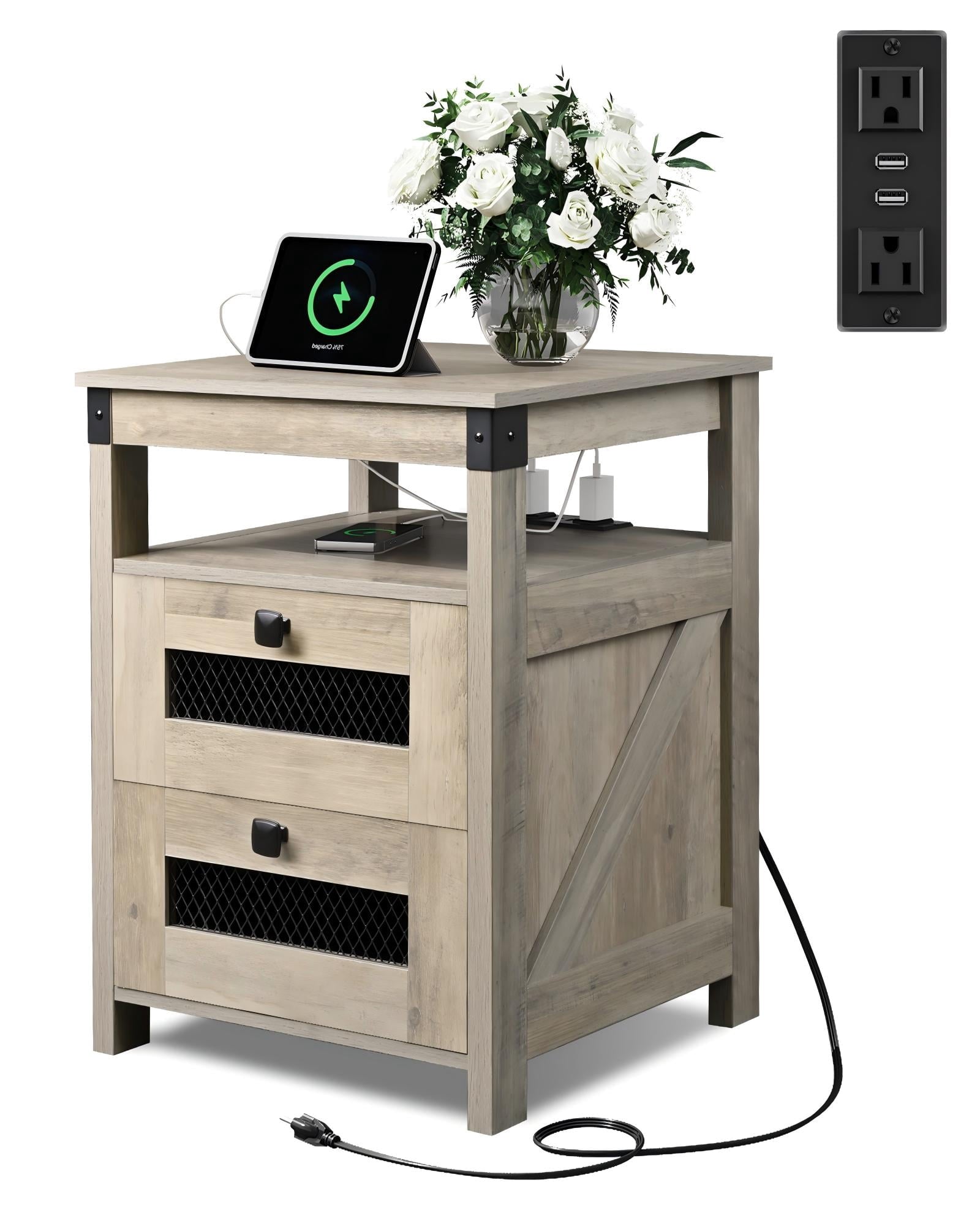 GALAXHERO Nightstand with Charging Station, Farmhouse End Table, Bed Side Table with 2 Storage Drawers and Open Shelf, Wood Rustic Nightstands for Bedroom