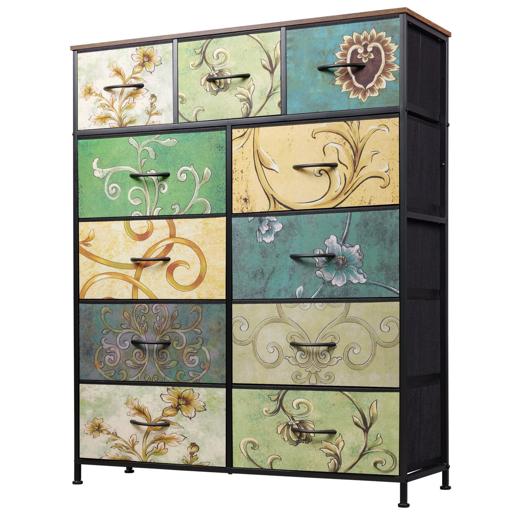 GALAXHERO Tall Dresser with 11 Fabric Drawers, Storage Chest for Bedroom, Closet, Hallway, Steel Frame, Wood Top，Rustic Brown Wood Grain Print