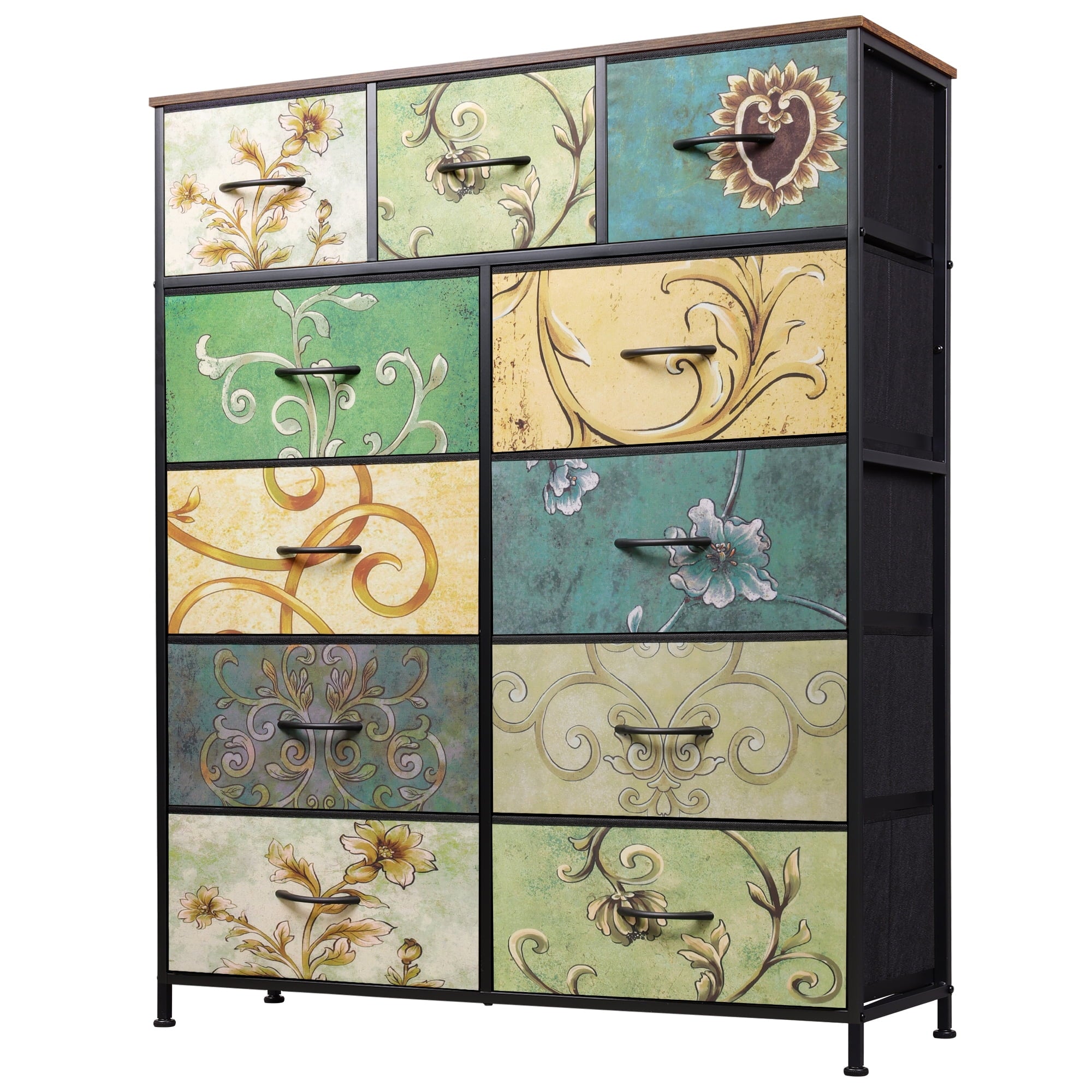 GALAXHERO Tall Dresser with 11 Fabric Drawers, Storage Chest for Bedroom, Closet, Hallway, Steel Frame, Wood Top，Rustic Brown Wood Grain Print