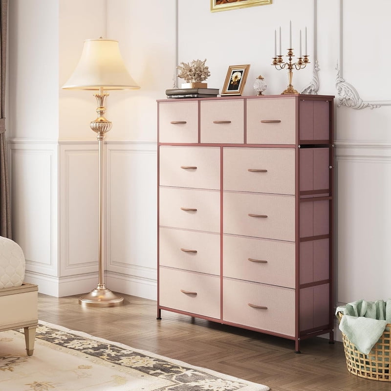 GALAXHERO Tall Dresser with 11 Fabric Drawers, Storage Chest for Bedroom, Closet, Hallway, Steel Frame, Wood Top，Rustic Brown Wood Grain Print