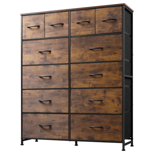 GALAXHERO 12-Drawer Tall Fabric Dresser with Steel Frame, Large Storage Chest of Drawers for Bedroom, Closet, Rustic Brown Wood Grain Print