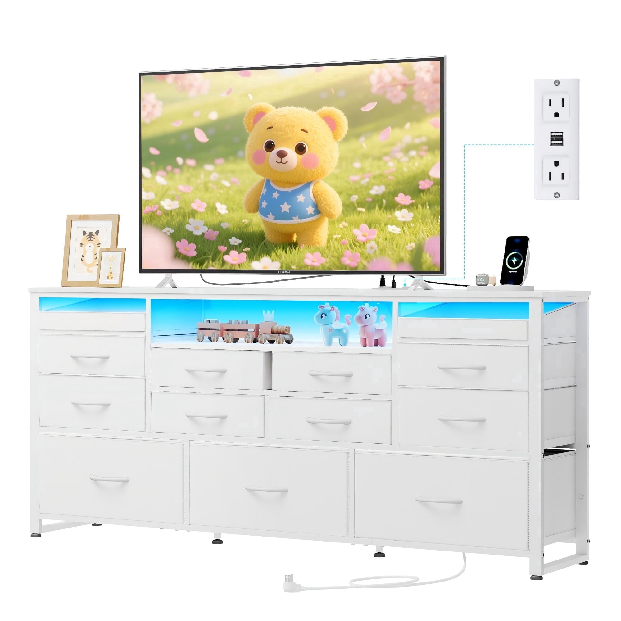 GALAXHERO 13 Fabric Drawers Dresser for Bedroom, TV Stand for 55, Entertainment Center with LED Lights & Charging Station, Media Console Table with Open Shelves for Living Room, Charcoal