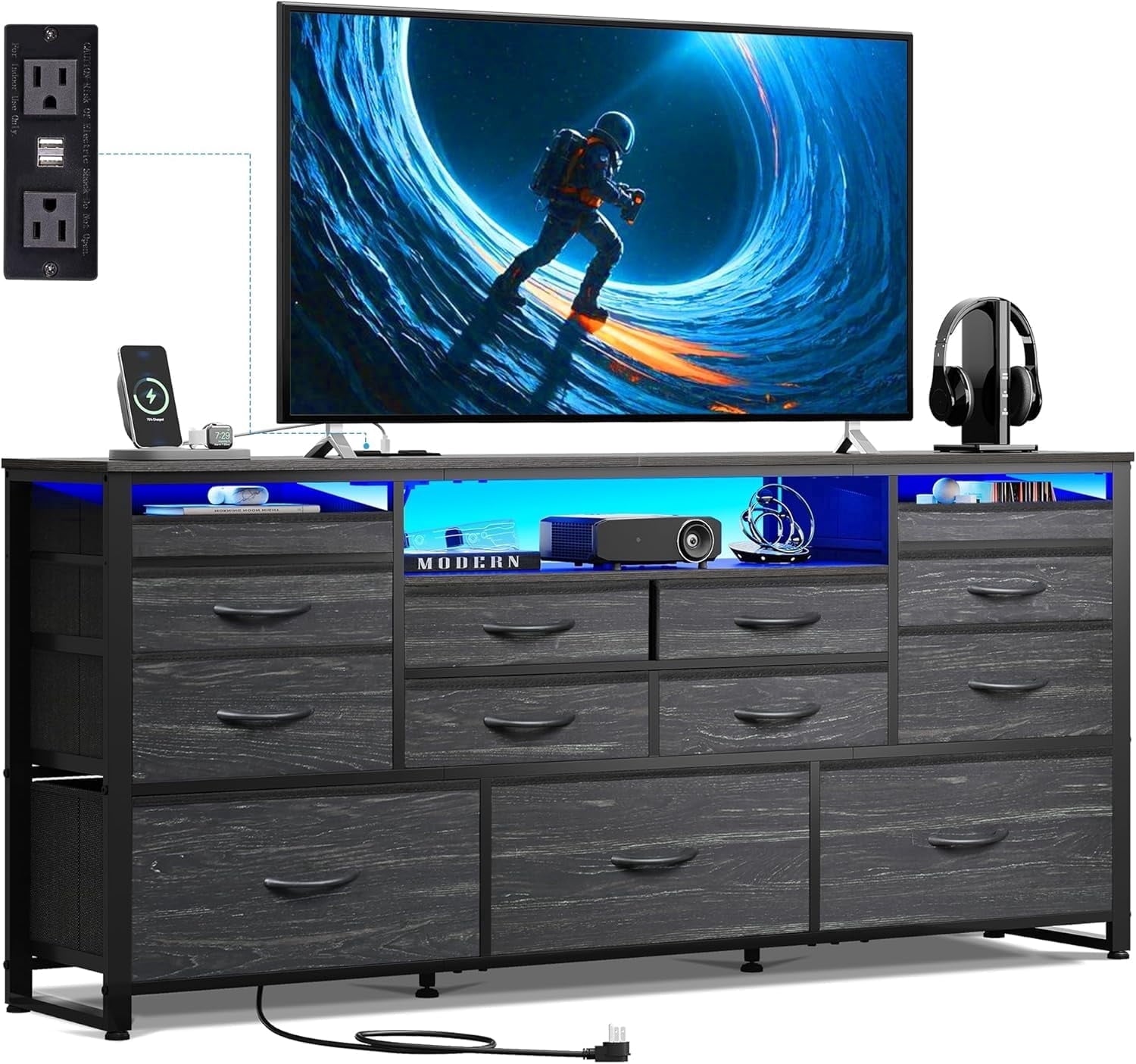 GALAXHERO 13 Fabric Drawers Dresser for Bedroom, TV Stand for 55, Entertainment Center with LED Lights & Charging Station, Media Console Table with Open Shelves for Living Room, Charcoal
