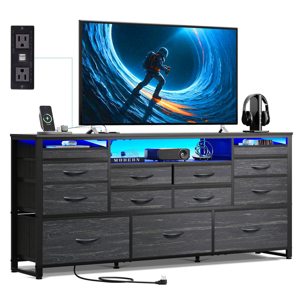 GALAXHERO 13 Drawers Dresser for Bedroom, TV Stand for 65'' TV with LED Lights, Entertainment Center with Charging Station, Fabric Chest of Drawers for Living Room, Entryway