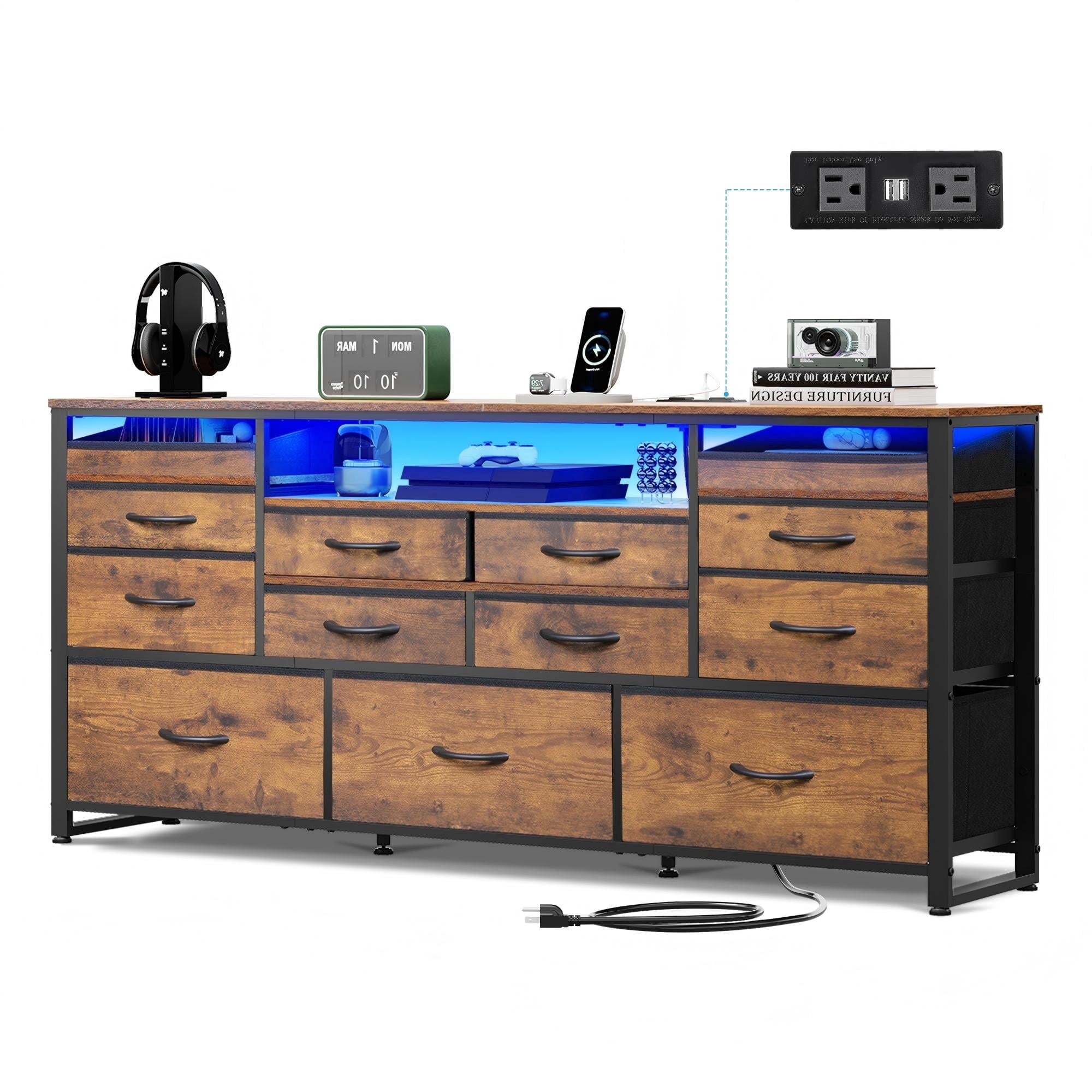 GALAXHERO 13 Fabric Drawers Dresser for Bedroom, TV Stand for 55, Entertainment Center with LED Lights & Charging Station, Media Console Table with Open Shelves for Living Room, Charcoal