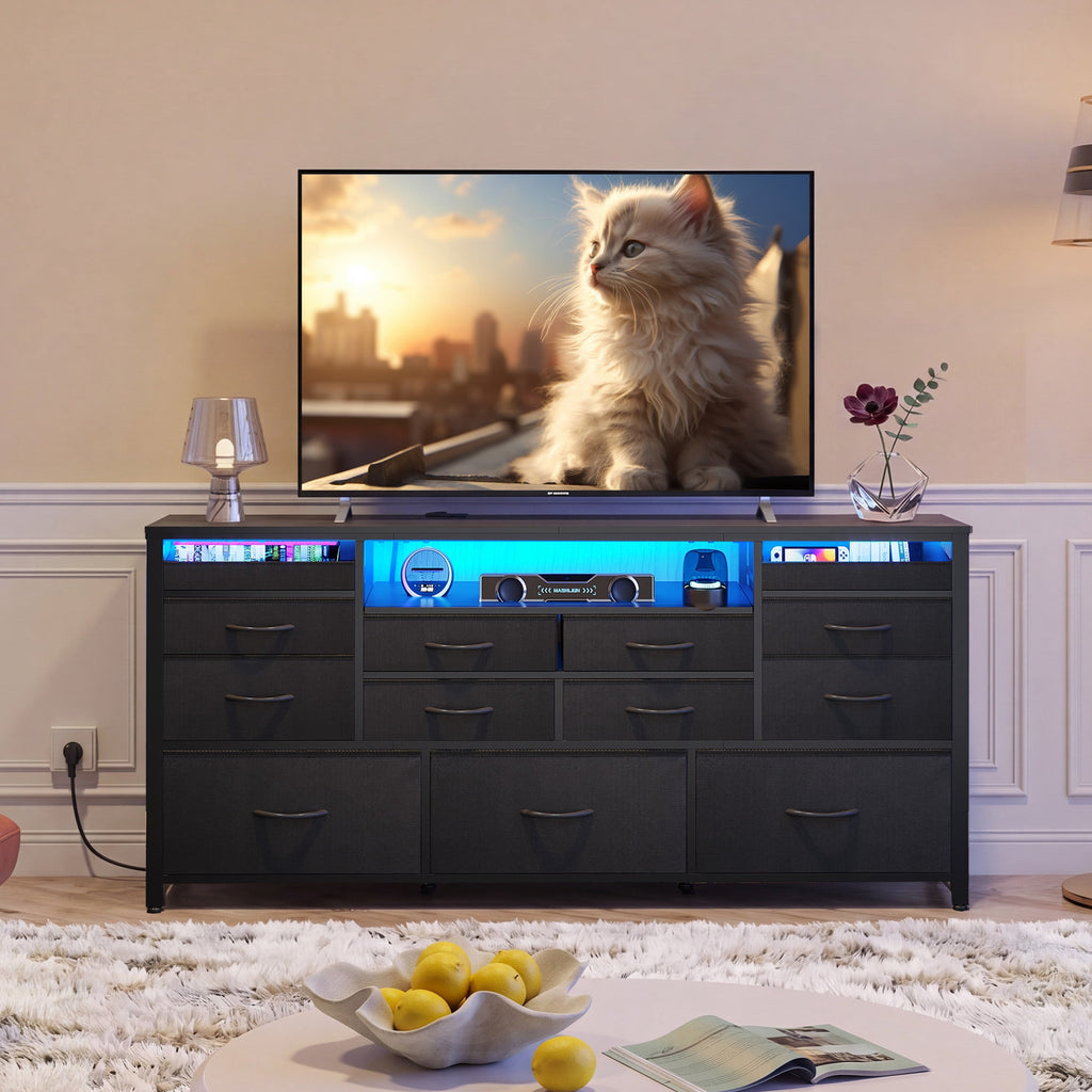 GALAXHERO 13 Drawers Dresser for Bedroom, TV Stand for 65'' TV with LED Lights, Entertainment Center with Charging Station, Fabric Chest of Drawers for Living Room, Entryway