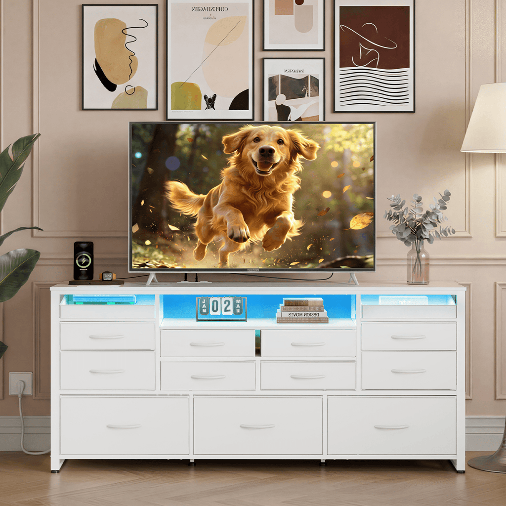 GALAXHERO 13 Drawers Dresser for Bedroom, TV Stand for 65'' TV with LED Lights, Entertainment Center with Charging Station, Fabric Chest of Drawers for Living Room, Entryway