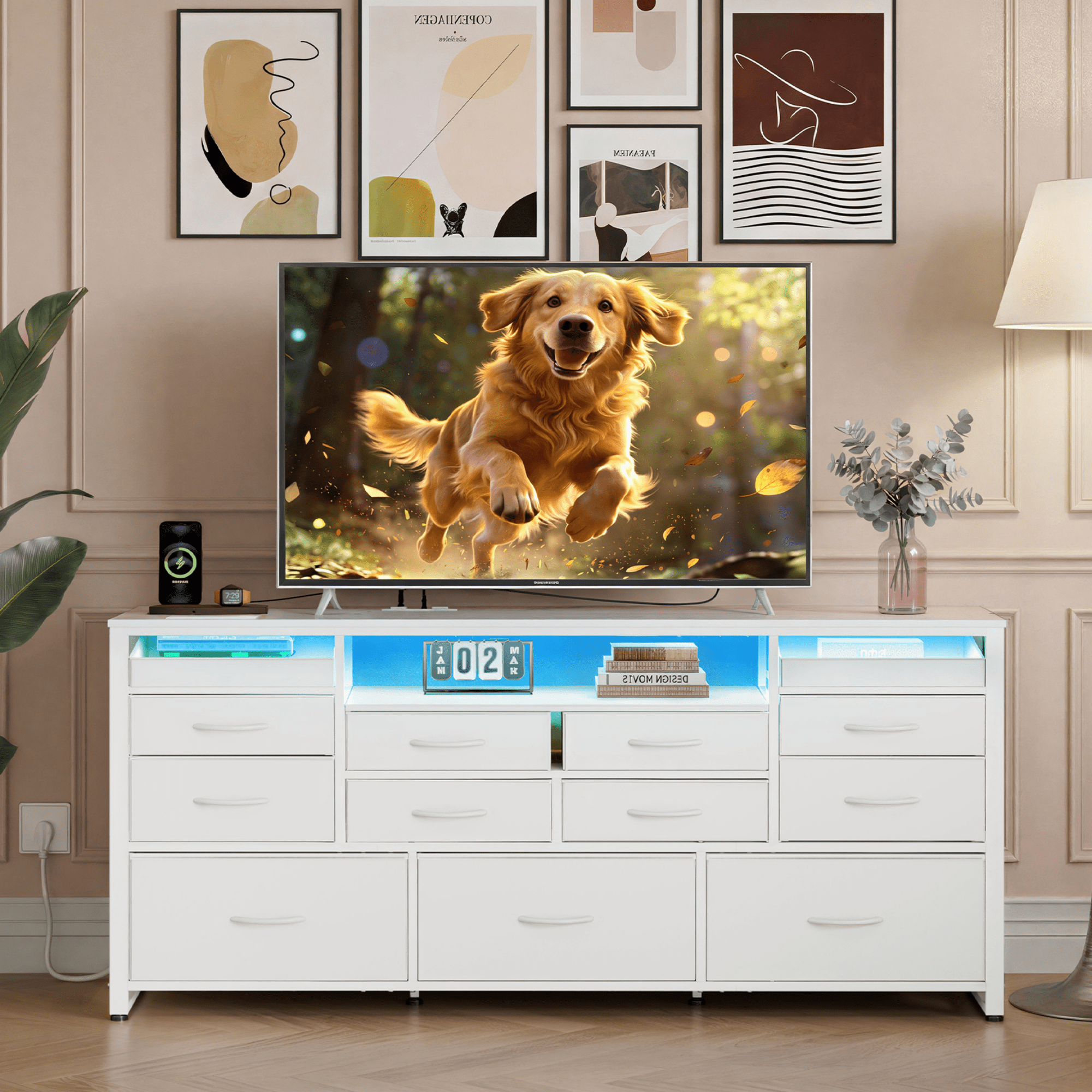 GALAXHERO 13 Drawers Dresser for Bedroom, TV Stand for 65'' TV with LED Lights, Entertainment Center with Charging Station, Fabric Chest of Drawers for Living Room, Entryway