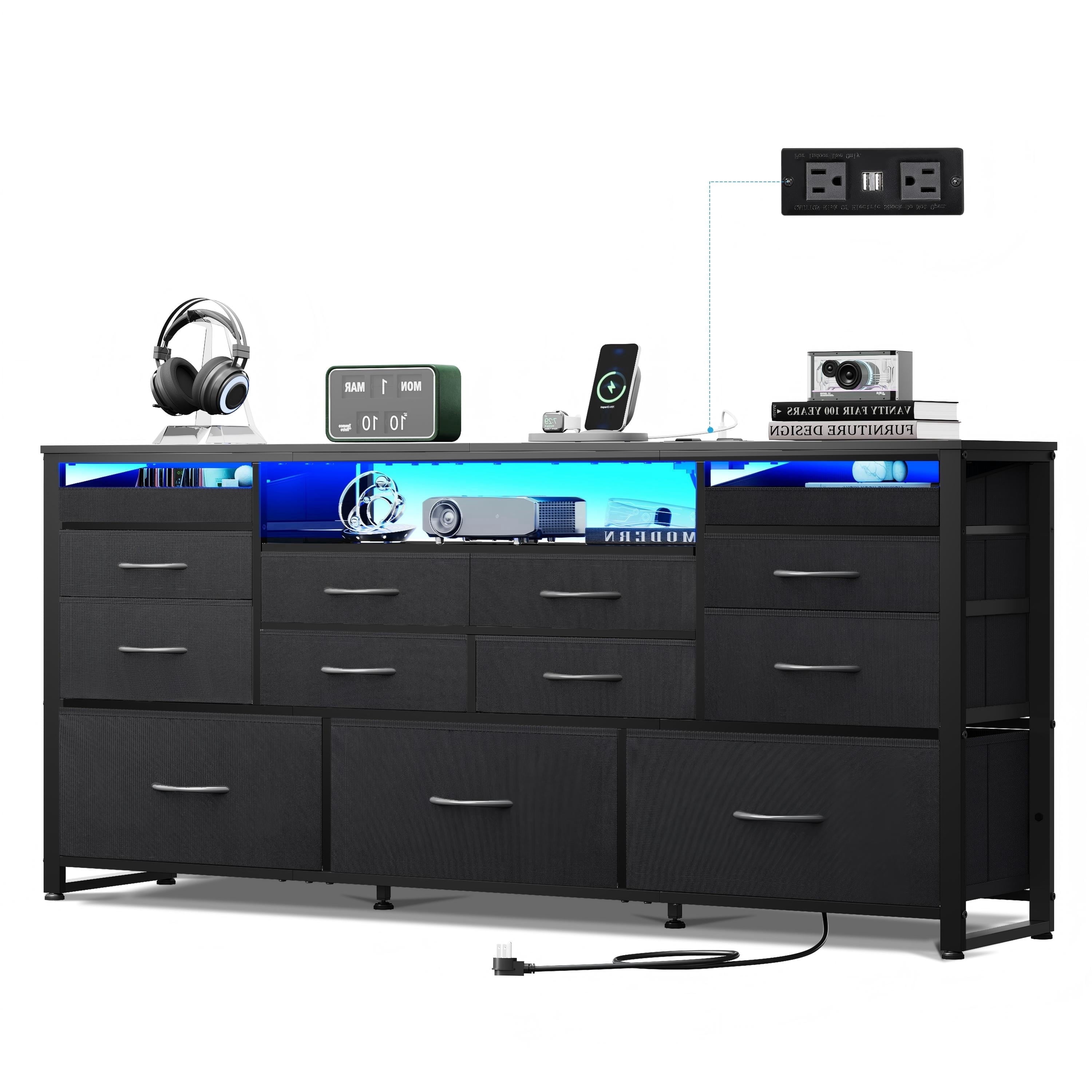 GALAXHERO 13 Fabric Drawers Dresser for Bedroom, TV Stand for 55, Entertainment Center with LED Lights & Charging Station, Media Console Table with Open Shelves for Living Room, Charcoal