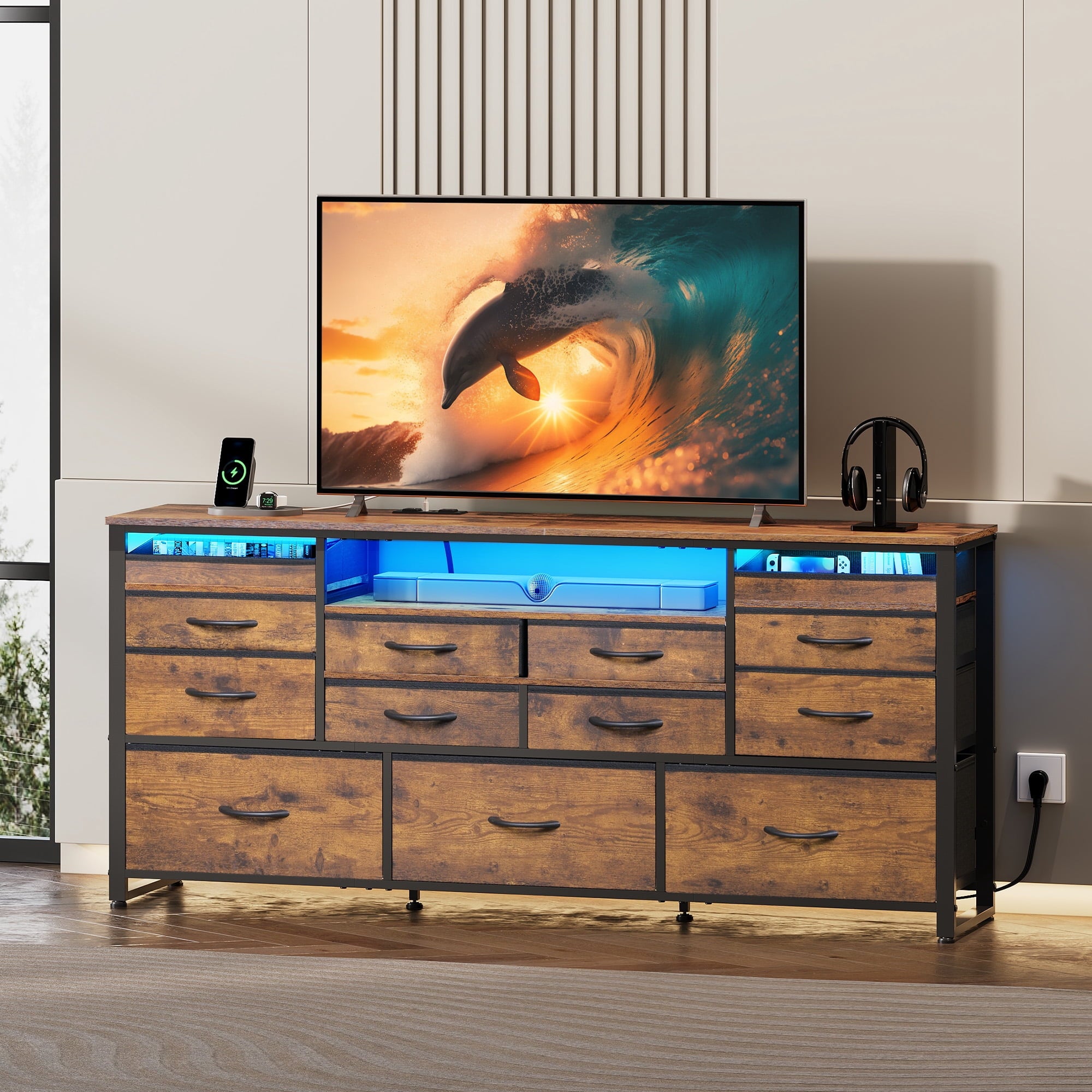 GALAXHERO 13 Drawers Dresser for Bedroom, TV Stand for 65'' TV with LED Lights, Entertainment Center with Charging Station, Fabric Chest of Drawers for Living Room, Entryway