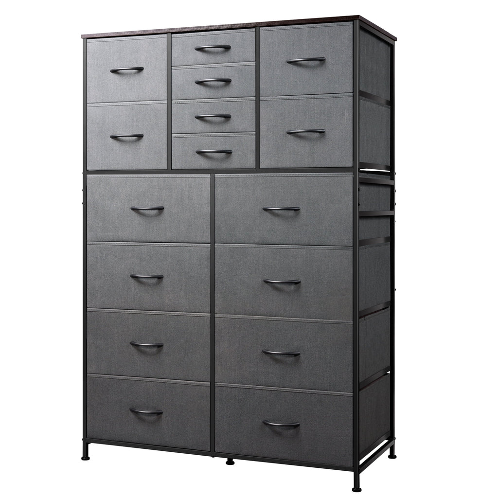 GALAXHERO 16-Drawer Tall Fabric Dresser Organizer Unit, Large Storage Chest of Drawers with Fabric Bins for Bedroom, Closet, Hallway, Charcoal Black Wood Grain Print