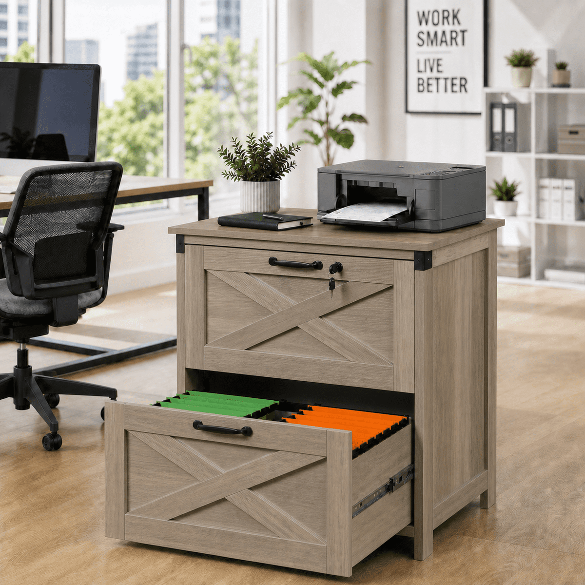 GALAXHERO 2 Drawer Lateral File Cabinet with Lock, Farmhouse Wood Filing Cabinet for Home Office, Fits Letter/Legal/A4, Printer Stand