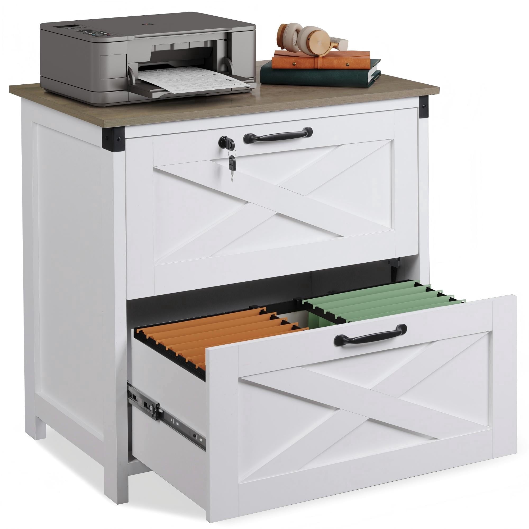 GALAXHERO 2 Drawer Lateral File Cabinet with Lock, Farmhouse Wood Filing Cabinet for Home Office, Fits Letter/Legal/A4, Printer Stand