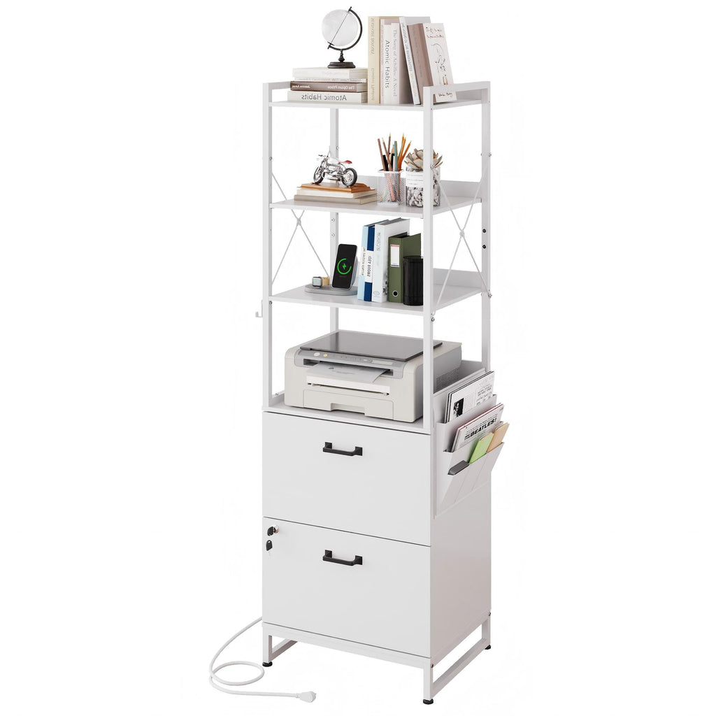 GALAXHERO 2 Drawer File Cabinet with Charging Station, Tall Vertical Filling Cabinet with Lock, Fits Letter/A4/Legal Size, Printer Stand & Adjustable Shelves for Home Office, Rustic Brown