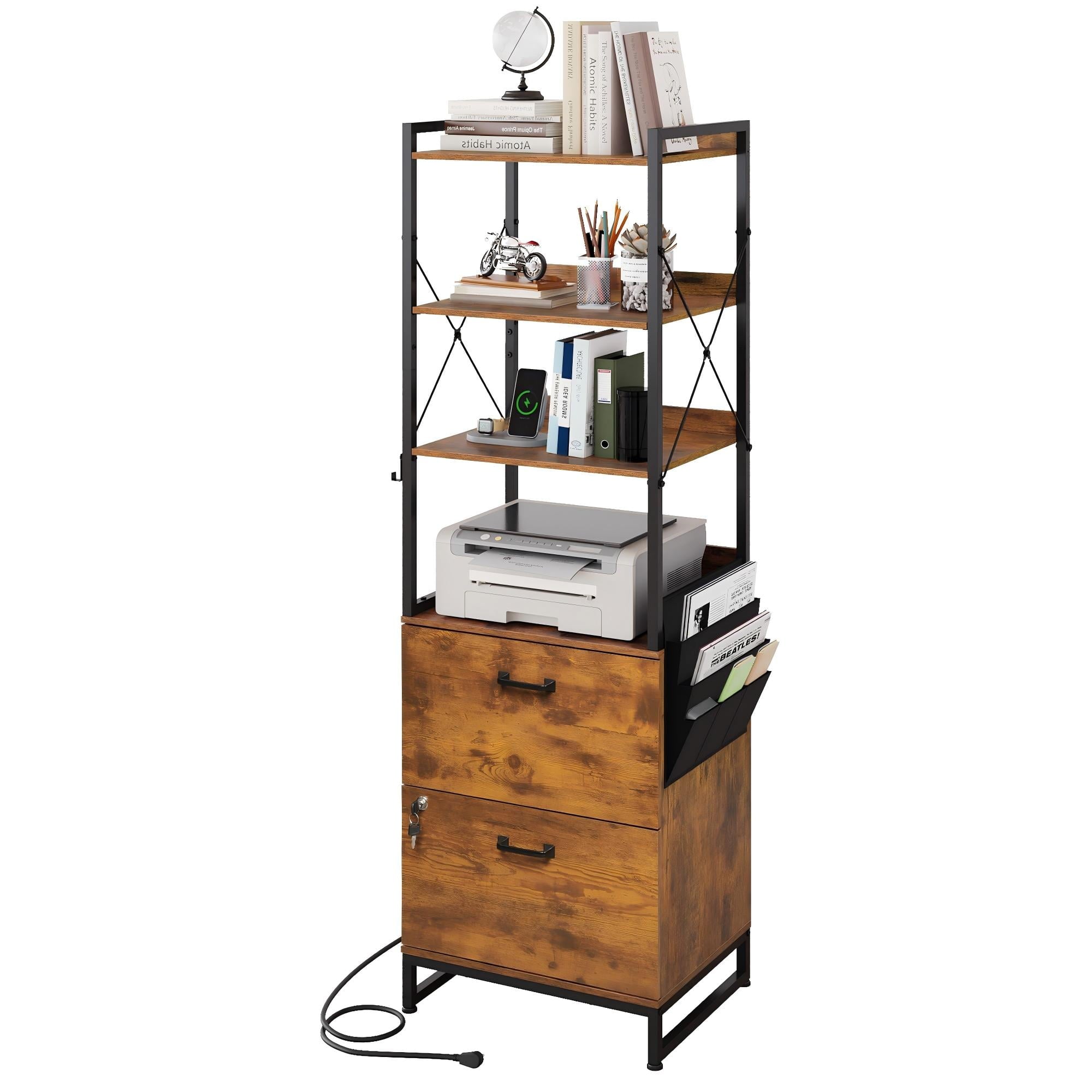 GALAXHERO 2 Drawer File Cabinet with Charging Station, Tall Vertical Filling Cabinet with Lock, Fits Letter/A4/Legal Size, Printer Stand & Adjustable Shelves for Home Office, Rustic Brown