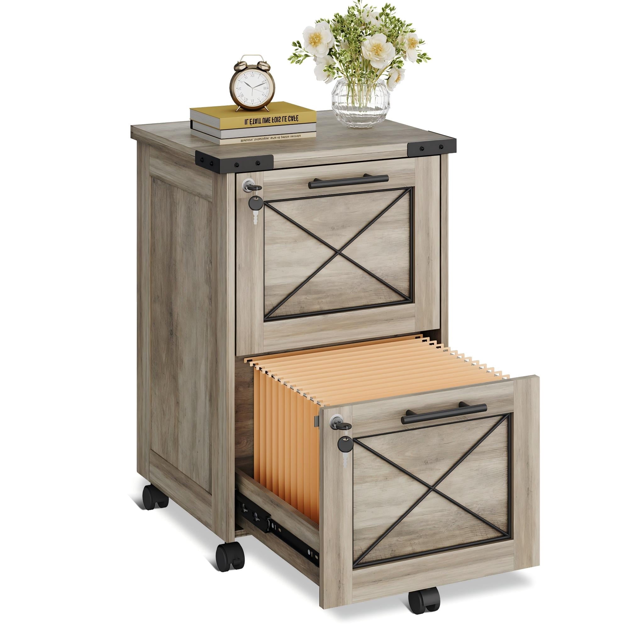 GALAXHERO 2 Drawer File Cabinet with Lock, Under Desk Filing Cabinets, Mobile Printer Stand for Home Office, Wood Storage Organizer Fit Letter/A4 Size, Gray Oak