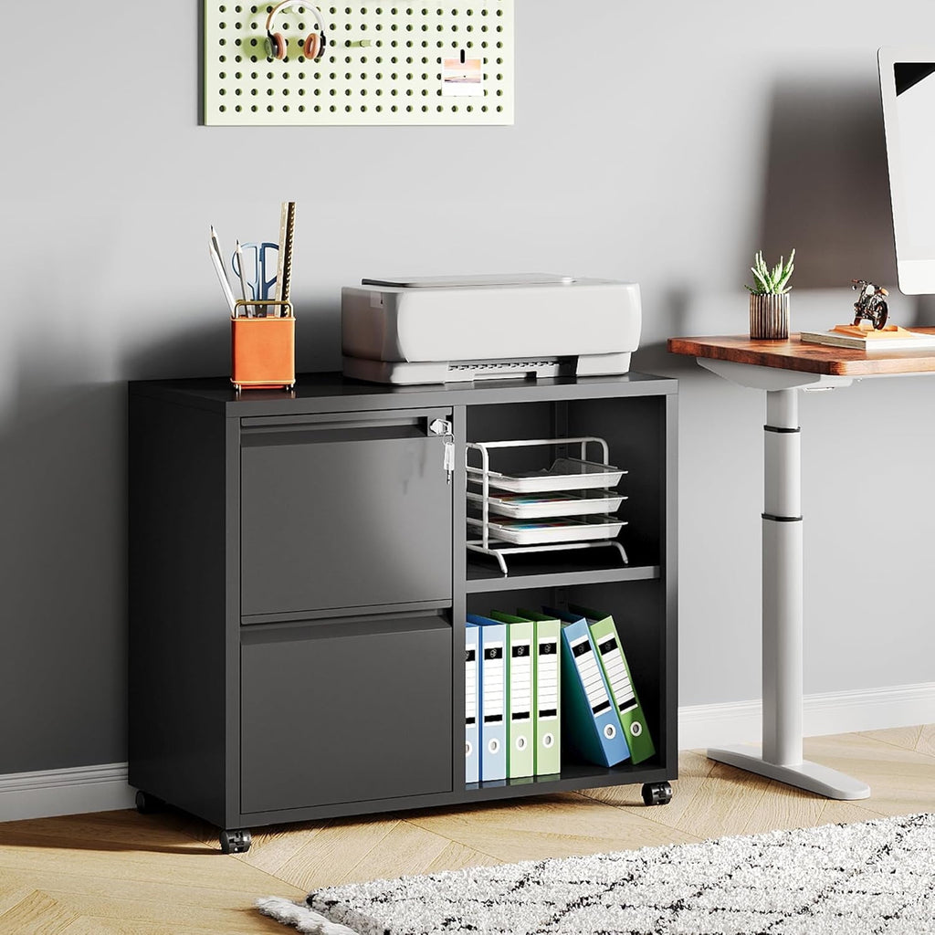 GALAXHERO 2 Drawer File Cabinet with Lock, Metal Filing Cabinet for Home Office, Rolling Printer Stand with Adjustable Shelf, Fit Letter/A4/Legal Size Files, White