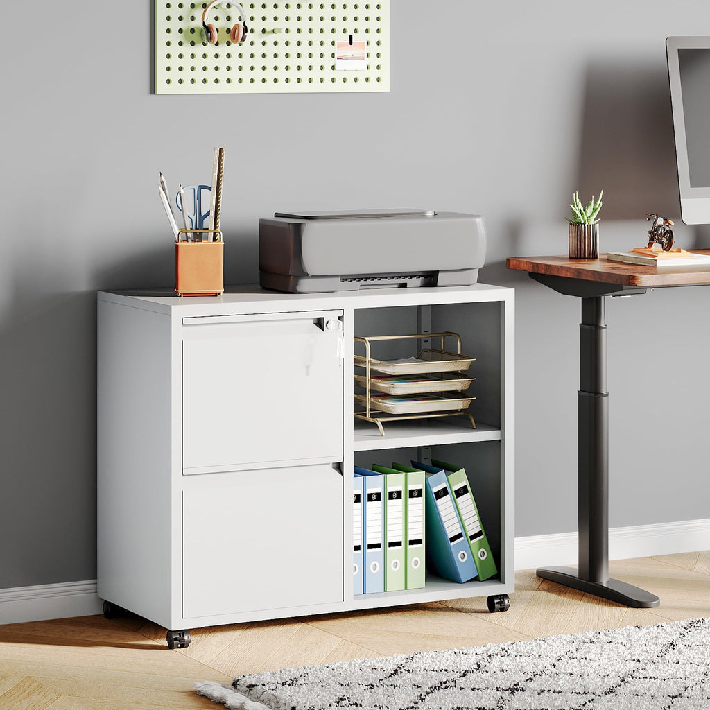 GALAXHERO 2 Drawer File Cabinet with Lock, Metal Filing Cabinet for Home Office, Rolling Printer Stand with Adjustable Shelf, Fit Letter/A4/Legal Size Files, White