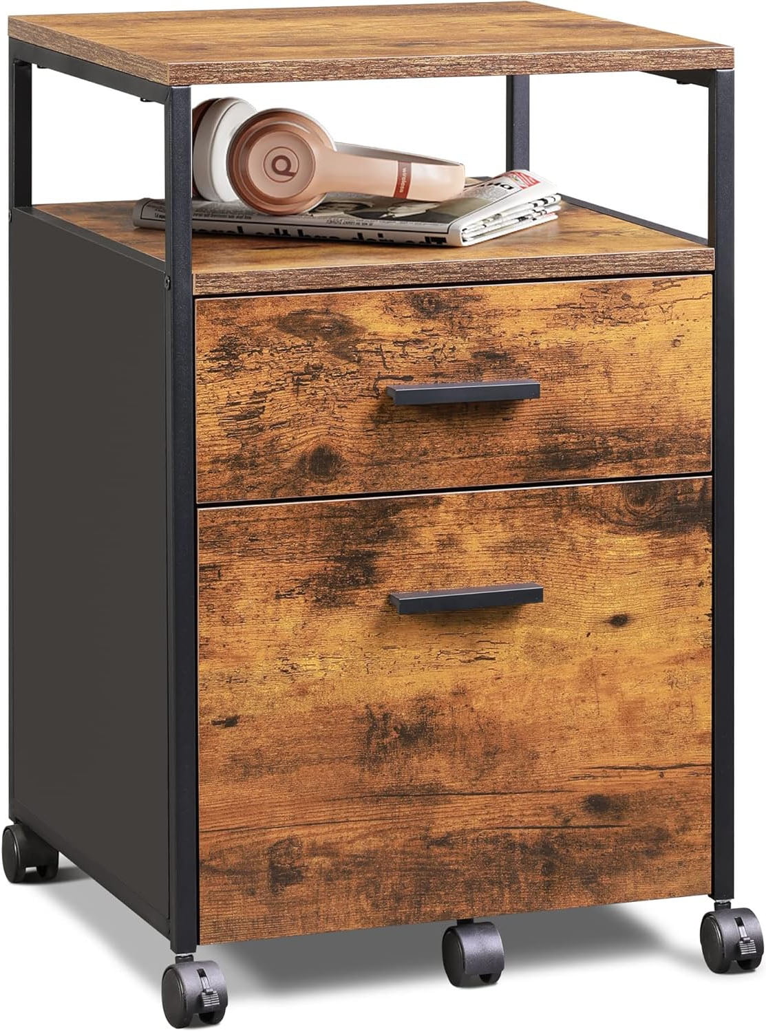 GALAXHERO 2-Drawer Filing Cabinet with Lock and Charging Station, Wood File Cabinet for Letter/A4 Size, Mobile Printer Stand with Open Storage Shelf for Home Office, Black