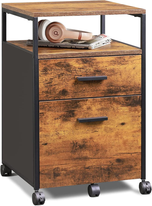 GALAXHERO 2-Drawer Filing Cabinet with Lock and Charging Station, Wood File Cabinet for Letter/A4 Size, Mobile Printer Stand with Open Storage Shelf for Home Office, Black
