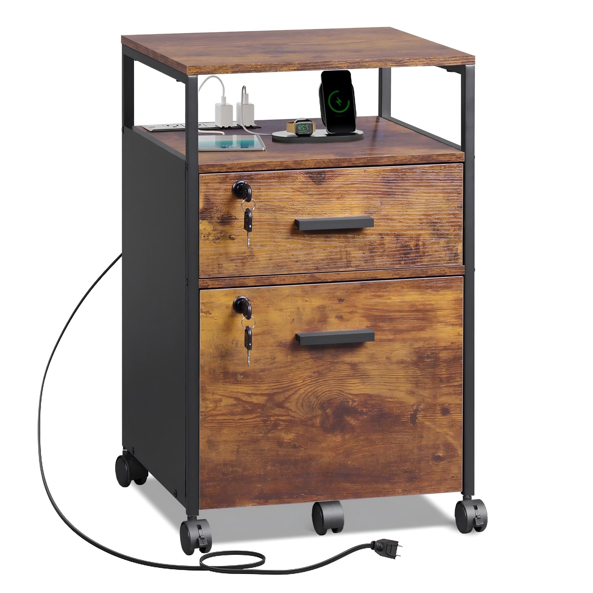 GALAXHERO 2-Drawer Filing Cabinet with Lock and Charging Station, Wood File Cabinet for Letter/A4 Size, Mobile Printer Stand with Open Storage Shelf for Home Office
