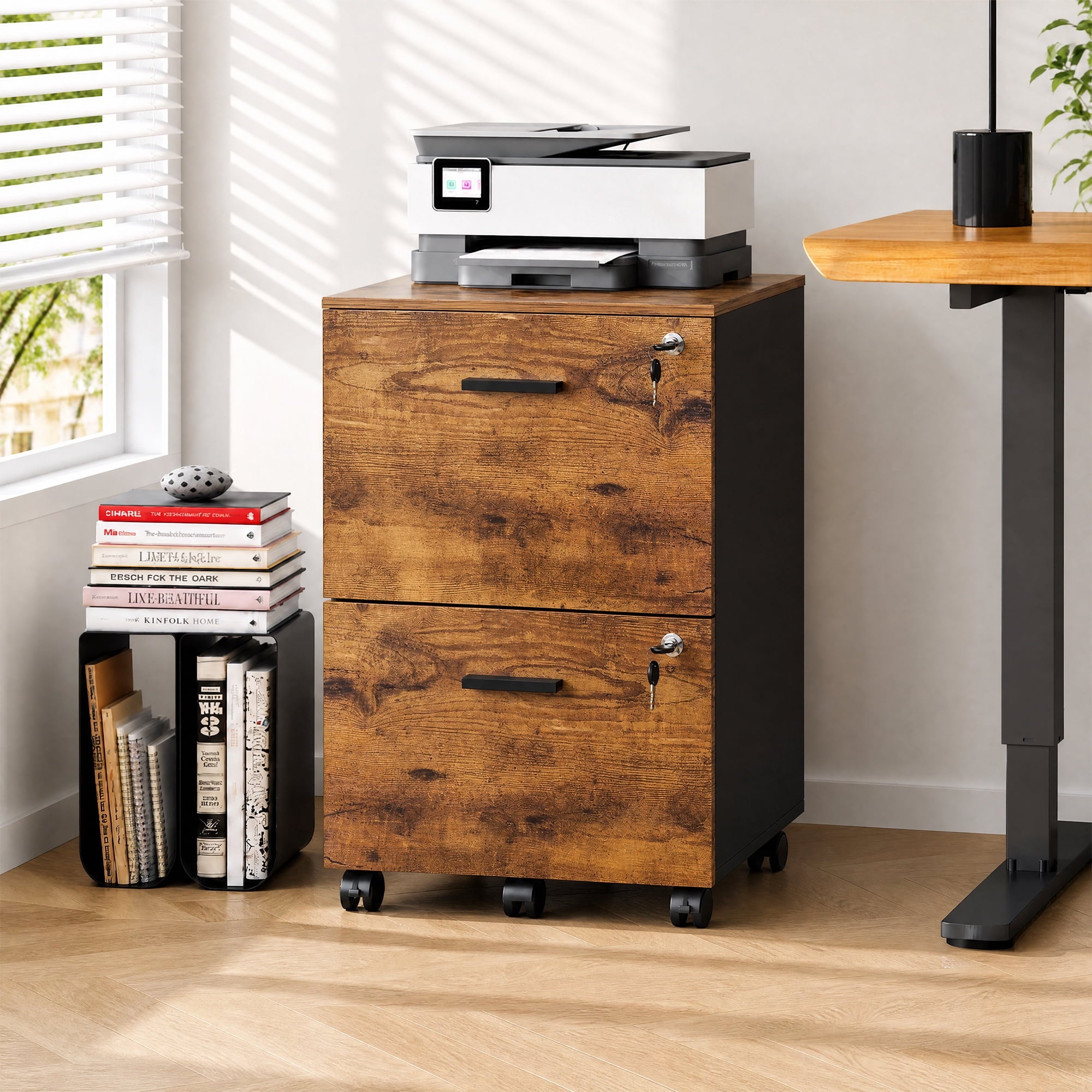 GALAXHERO 2 Drawer Filing Cabinet with Lock, Wooden Printer Stand with Storage for Home Office, Mobile Locking File Cabinet Fits Letter/A4 Hanging Files