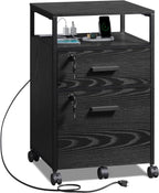 GALAXHERO 2-Drawer Filing Cabinet with Lock and Charging Station, Wood File Cabinet for Letter/A4 Size, Mobile Printer Stand with Open Storage Shelf for Home Office, Black