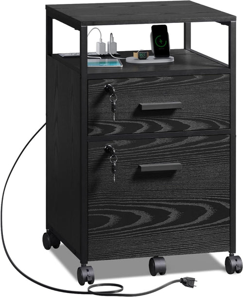 GALAXHERO 2-Drawer Filing Cabinet with Lock and Charging Station, Wood File Cabinet for Letter/A4 Size, Mobile Printer Stand with Open Storage Shelf for Home Office, Black