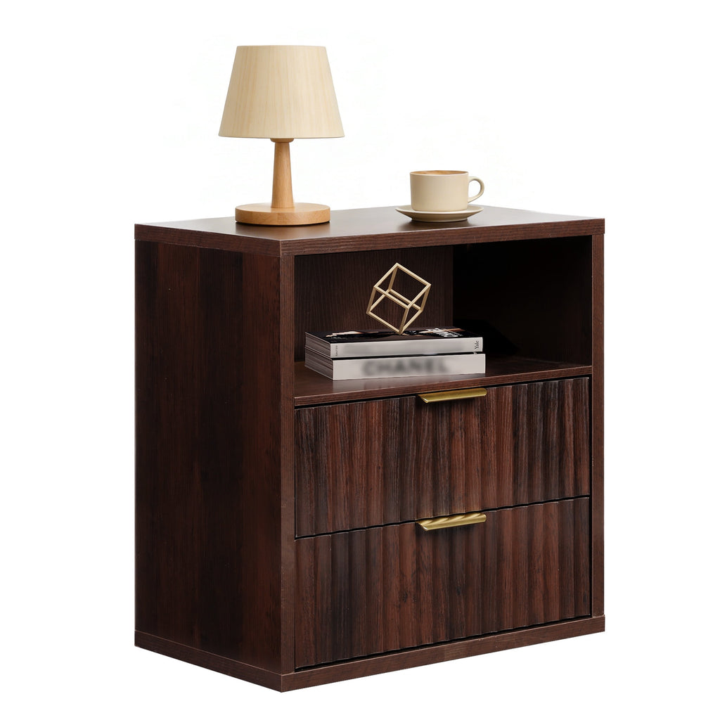 GALAXHERO 2 Drawer Nightstand, Wood Fluted End Table with Open Shelf, Mid Century Modern Bedside Tables for Bedroom, Living Room, Greige