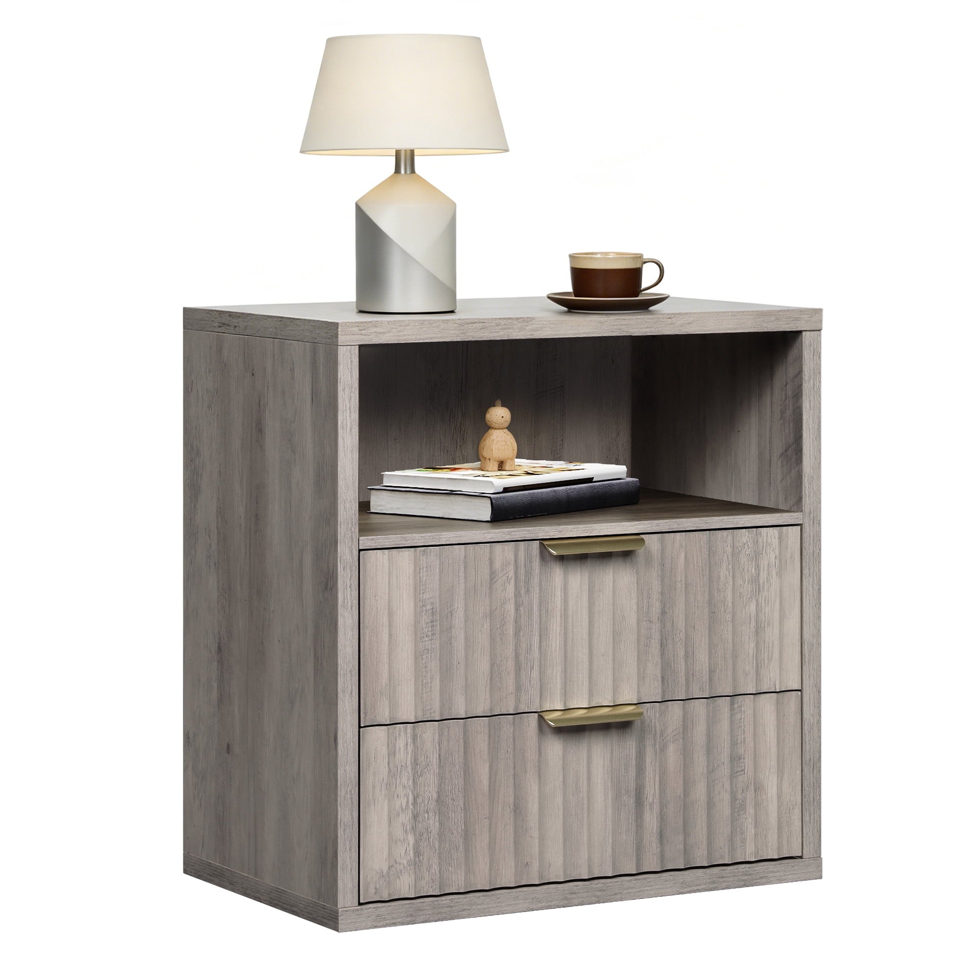 GALAXHERO 2 Drawer Nightstand, Wood Fluted End Table with Open Shelf, Mid Century Modern Bedside Tables for Bedroom, Living Room, Greige