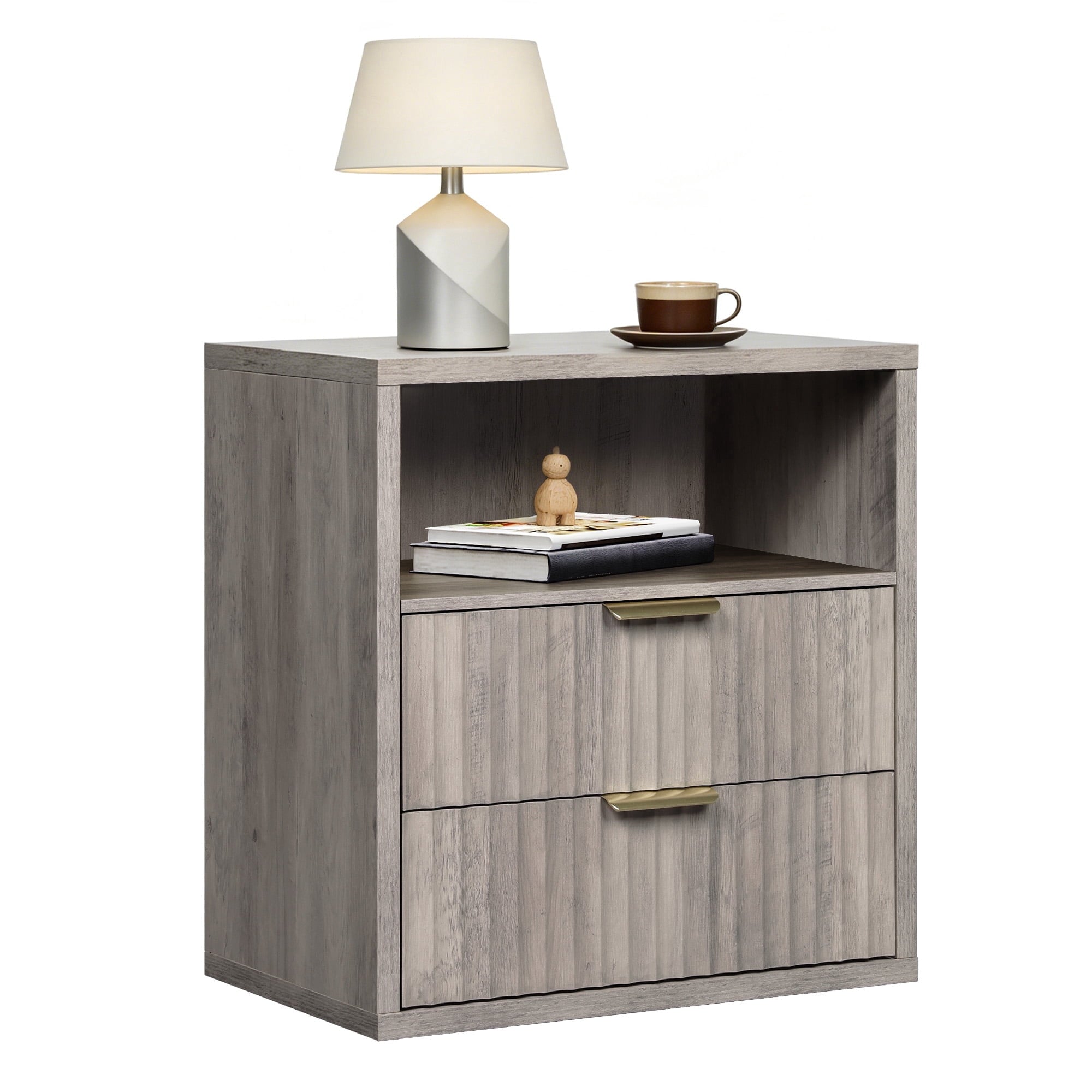 GALAXHERO 2 Drawer Nightstand, Wood Fluted End Table with Open Shelf, Mid Century Modern Bedside Tables for Bedroom, Living Room