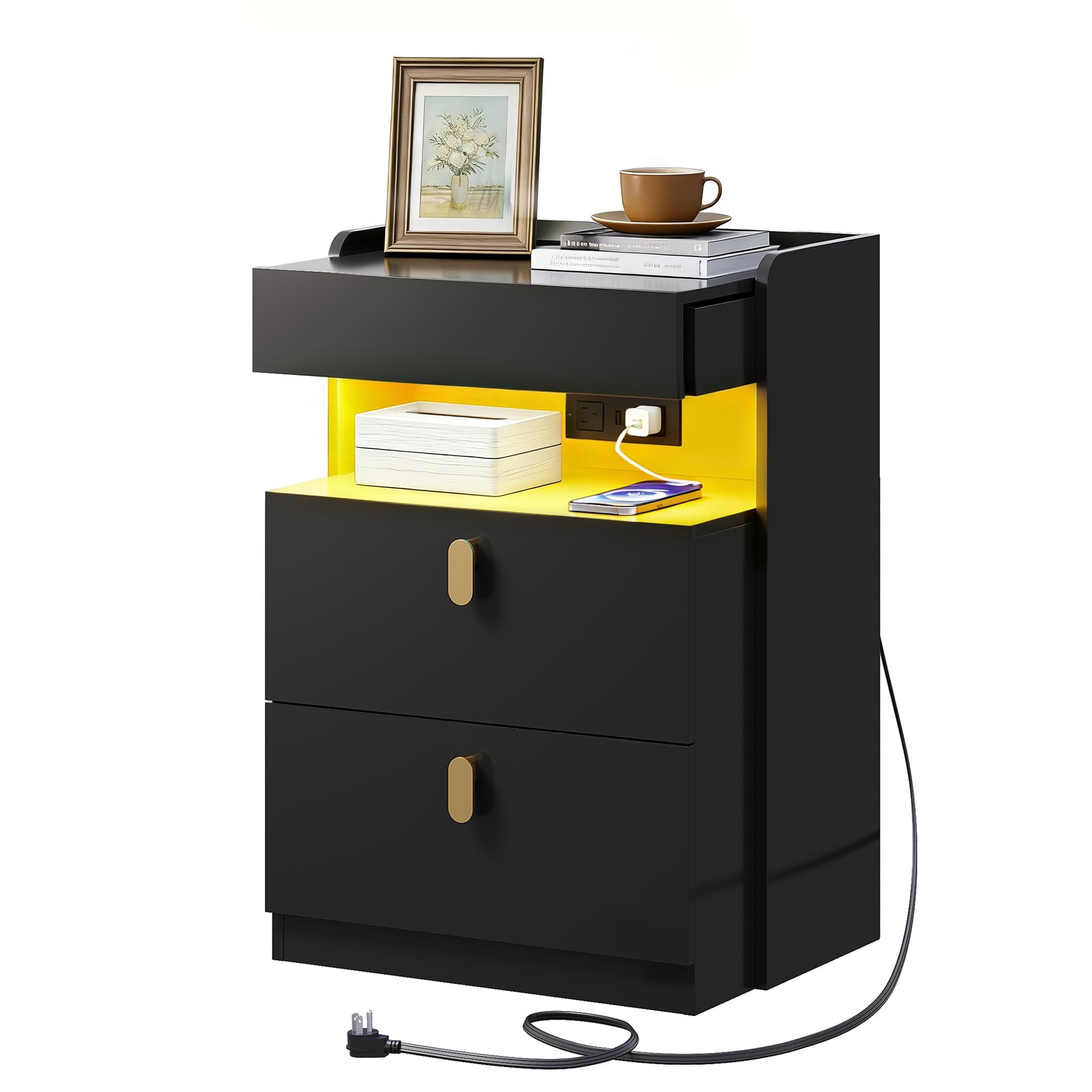 GALAXHERO 2 Drawer Nightstand with Charging Station and LED Lights, Modern Bedside Tables with Sliding Top for Bedroom, Wood End Table for Living Room, Black